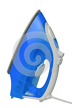 Closeup of a modern blue electric steam iron for ironing household laundry. Macro photograph
