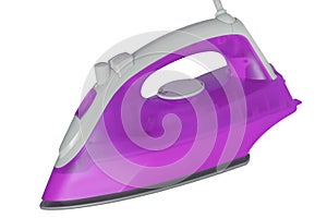 Closeup of a modern violet electric steam iron for ironing household laundry. Macro photograp