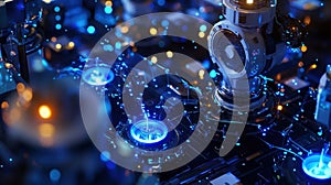 A closeup of a modular robotics integration point showcasing the connection between multiple robots with interchangeably