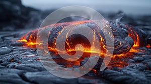 Closeup of molten lava captured in midair as it spews out of a volcano with intense heat emanating from its surface photo