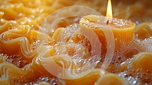 Closeup of molten wax sliding down the side of the candle creating intricate patterns and formations as it cools and