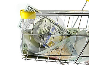 Closeup money in shopping cart on side view