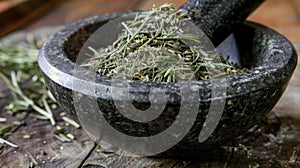 A closeup of a mortar and pestle filled with dried rosemary leaves commonly used in traditional medicine for its