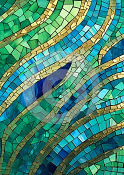 Closeup of a mosaic tile wall with blue and green waves and a go