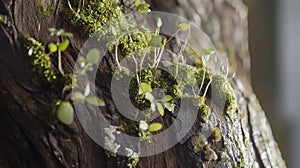 Closeup of moss and tiny plants growing on tree bark