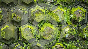 A closeup of a mosscovered concrete block where the green fuzz contrasts against the rough patterned surface photo
