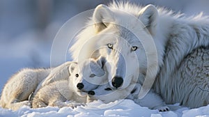 Closeup of a mother Arctic wolf her pups snuggled against her fluffy white chest as she keeps them warm in their icy