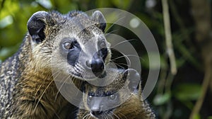 Closeup of a mother coati her nose raised as she cautiously sniffs the air protecting her babies while on the hunt