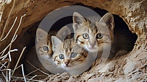 Closeup of a mother sand cat and her kittens snugly tucked into a tiny burrow as they await the cover of night