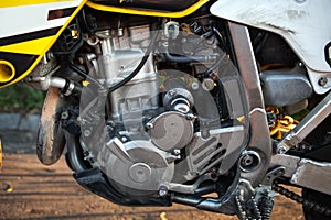 Closeup of motorbike engine.