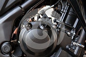 Closeup of motorbike engine.