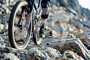 closeup of a mountain biker navigating rocky terrain