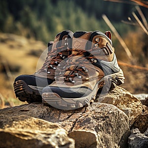 a closeup of mountain shoes placed on rock