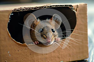 closeup of mouse head emerging from shoebox hole indoors