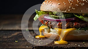 closeup mouthwatering burger with beef and melted cheese