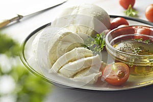 Closeup Mozzarella cheese and cherry tomatoes with spices. Homemade mozzarella cheese