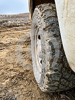 Closeup of muddy truck tire