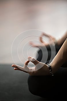 Closeup of mudra gesture, performed with female fingers, lotus p