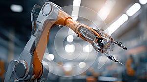 Closeup of multijointed robotic arm efficiently covering surfaces with paint enhancing manufacturing consistency and