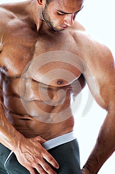Closeup of muscular bodybuilder posing shirtless