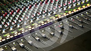 Closeup Musical Mixing Console Guy Hand Pushes Faders