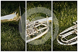 Closeup of a musical wind instrument orchestra of silver trumpets photo