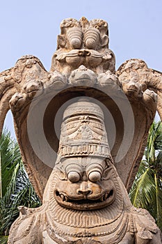 Closeup of Narasimha head at Lakshmi Narasimha temple, Hampi, Karnataka, India