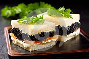 Closeup of natural black caviar served on crackers on black background, texture of fresh sturgeon caviar macro photo.