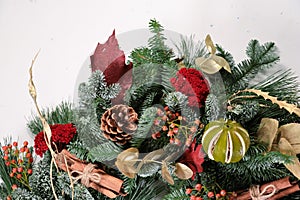Closeup of natural Christmas wreath with holly photo