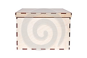 Closeup natural wood texture closed box with lid, unpainted. Concept crate, container, storage, timber, packaging, delivery, space