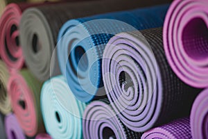 closeup of neatly stacked yoga mats in an unused studio space