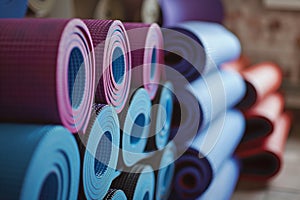 closeup of neatly stacked yoga mats in an unused studio space