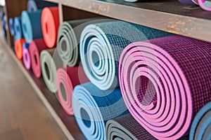 closeup of neatly stacked yoga mats in an unused studio space