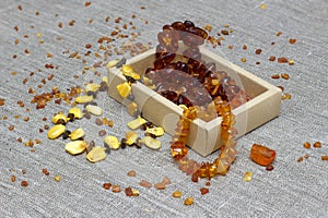 Closeup of necklace, beads, bracelet from natural Baltic amber.