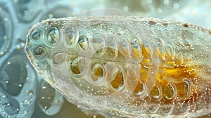A closeup of a nematode egg showcasing its smooth oval shape and the delicate surface patterns that aid in photo