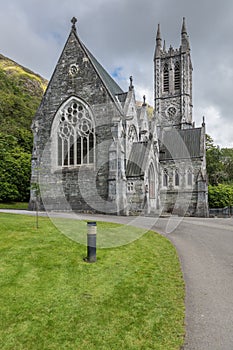 Closeup of Neo-Gothic church at Kylemore Abbey, Ireland.