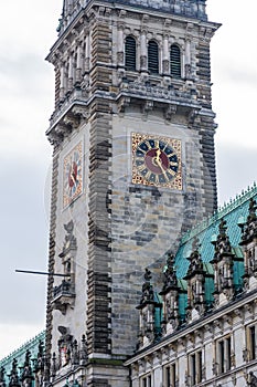 Closeup of the neo-renaissance Rathaus clock tower at Rathausmarkt in Hamburg city hall