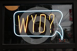 Closeup of a neon sign on the glass with WYD text