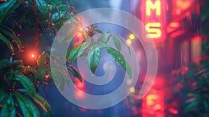 Closeup of a neon sign partially hidden by overgrown plants representing the juxtaposition of nature and photo