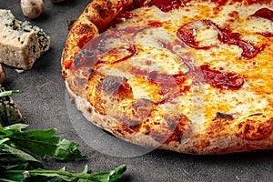 Closeup on neopolitan fresh baked pepperoni pizza