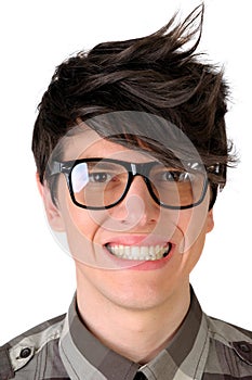 Closeup of a nerdy office worker faking a smile, isolated on white photo