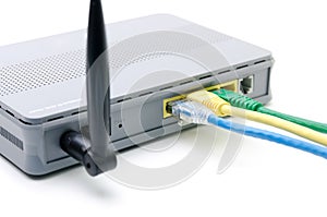 Closeup of network cables connected to wifi router