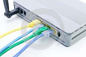 Closeup of network cables connected to wifi router on white