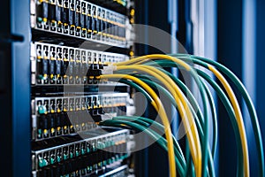 Closeup networking cable in server room, fiber optic cables