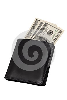 Closeup of a new black genuine leather wallet with US dollars banknotes and various plastic cards isolated on a white background.