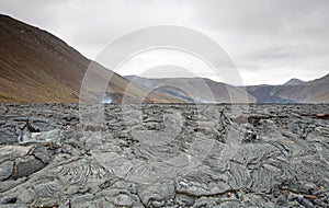 Closeup of the new lavafield of the volcano eruption at Fagradalsfjall