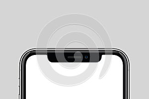 Closeup new modern smartphone similar to iPhone X mockup with copy space on gray background