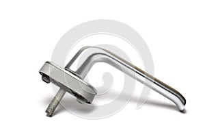 Closeup new silver window handle white background