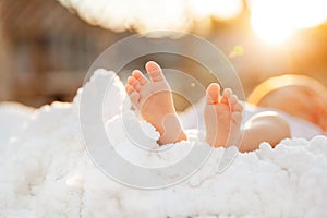 Closeup of newborn baby girl feet on white blanket at sunset outdoor