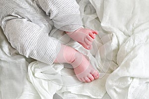 Closeup of newborn legs on a white blanket, childhood and maternity concept. Baby feet